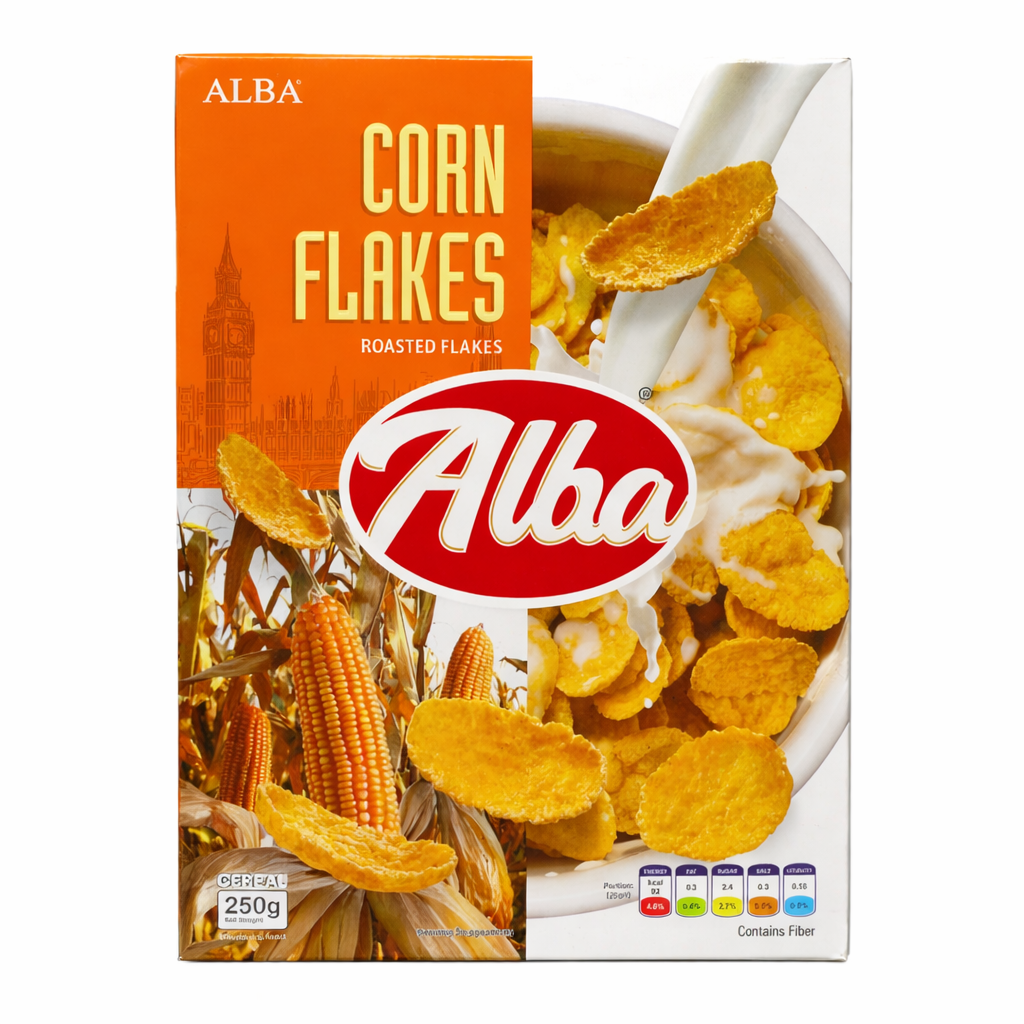 Alba corn flakes cereal box close-up