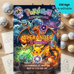 Editable Pokemon Birthday Invitation, Pokemon Adventure Card