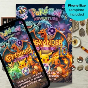 Editable Pokemon Birthday Invitation, Pokemon Adventure Card